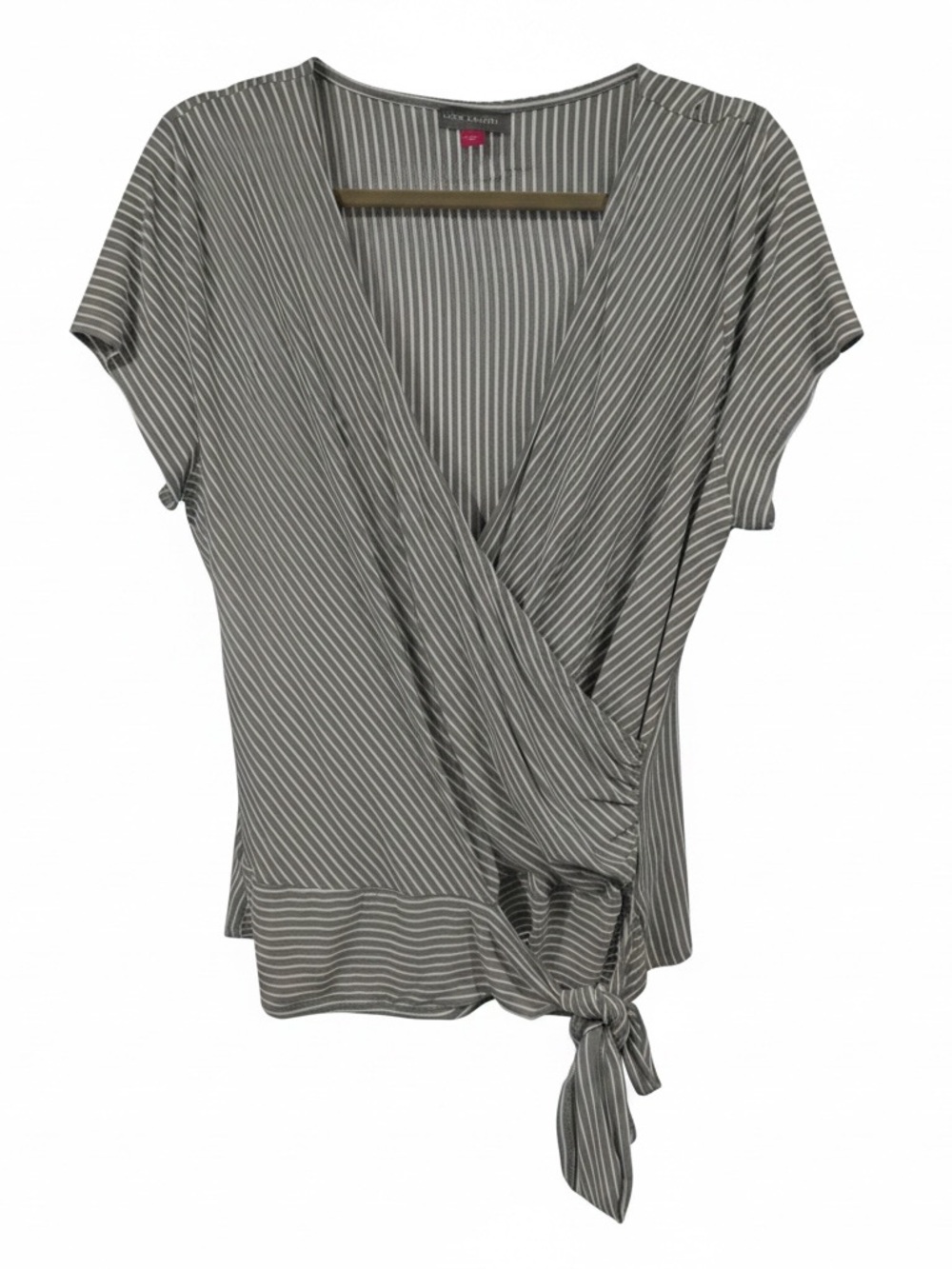Vince Camuto Gray and White Striped Wrap Tie-Front Top